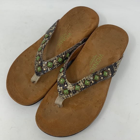 Vionic slip on sandals with Orthaheel technology animal print gold tone beaded - Picture 1 of 8